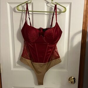 JLUXLABEL Burgundy and Tan Satin Lace Bodysuit